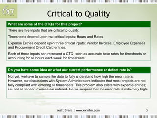 Matt Evans | www.exinfm.com 3
Critical to Quality
There are five inputs that are critical to quality:
Timesheets depend upon two critical inputs: Hours and Rates
Expense Entries depend upon three critical inputs: Vendor Invoices, Employee Expenses
and Procurement Credit Card entries.
Each of these inputs can represent a CTQ, such as accurate base rates for timesheets or
accounting for all hours each week for timesheets.
Not yet, we have to sample the data to fully understand how high the error rate is.
However, our discussions with System Administrators indicates that most projects are not
fully compliant with entering all timesheets. This problem also exists with expense entries;
i.e. not all vendor invoices are entered. So we suspect that the error rate is extremely high.
What are some of the CTQ’s for this project?
Do you have some idea on what our current performance or defect rate is?
 
