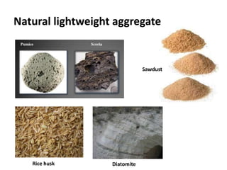 Natural lightweight aggregate
Sawdust
Rice husk Diatomite
 