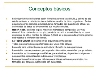 Conceptos básicos
 Los organismos unicelulares están formados por una sola célula, y dentro de esa
célula se llevan a cabo todas las actividades de vida de dicho organismo. En los
organismos más grandes o multicelulares, formados por más de una célula, las
actividades de éstos se dividen entre sus muchas células.
 Robert Hook, científico inglés, mejoró el microscopio compuesto. En 1639
observó finos cortes de corcho y lo que vio le recordó a las celdillas de un panal
de abejas, de allí el nombre de células. A Hook se le considera la primera persona
que observó e identificó las células.
 La Teoría Celular se resume en las siguientes afirmaciones:
1. Todos los organismos están formados por una o más células.
2. La célula es la unidad básica de estructura y función de los organismos.
3. Las células nuevas provienen, por reproducción celular, de células que ya existen.
 Las células se dividen en procarióticas y eucarióticas, dependiendo si poseen o
no organelos especializados rodeados por membranas.
 Los organismos formados por células procarióticas se llaman procariotas, los
formados por células ecucarióticas son eucariotas.
 
