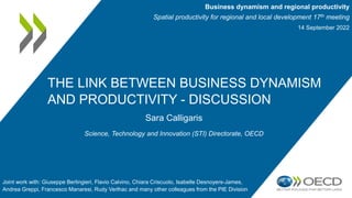 THE LINK BETWEEN BUSINESS DYNAMISM
AND PRODUCTIVITY - DISCUSSION
Sara Calligaris
Science, Technology and Innovation (STI) Directorate, OECD
Business dynamism and regional productivity
Spatial productivity for regional and local development 17th meeting
14 September 2022
Joint work with: Giuseppe Berlingieri, Flavio Calvino, Chiara Criscuolo, Isabelle Desnoyers-James,
Andrea Greppi, Francesco Manaresi, Rudy Verlhac and many other colleagues from the PIE Division
 