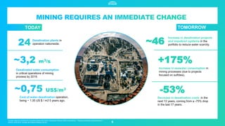 6
Desalination plants in
operation nationwide.
Desalinated water consumption
in critical operations of mining
process by 2019.
Cost of water desalination operation,
being ~ 1.35 US $ / m3 5 years ago.
Fuentes: datos de COCHILCO (Comisión Chilena del Cobre), Escenarios Hídricos 2030, Portal Minero, “Catastro de Plantas Desalinizadoras” –
EDITEC 2018-2019, Consejo de Políticas Públicas, lta Ley.
Increase in desalination projects
and impulsion systems in the
portfolio to reduce water scarcity.
~46
Increase in seawater consumption in
mining processes (due to projects
focused on sulfides).
+175%
Decrease in desalination costs in the
next 12 years, coming from a -75% drop
in the last 17 years.
-53%
TODAY TOMORROW
 