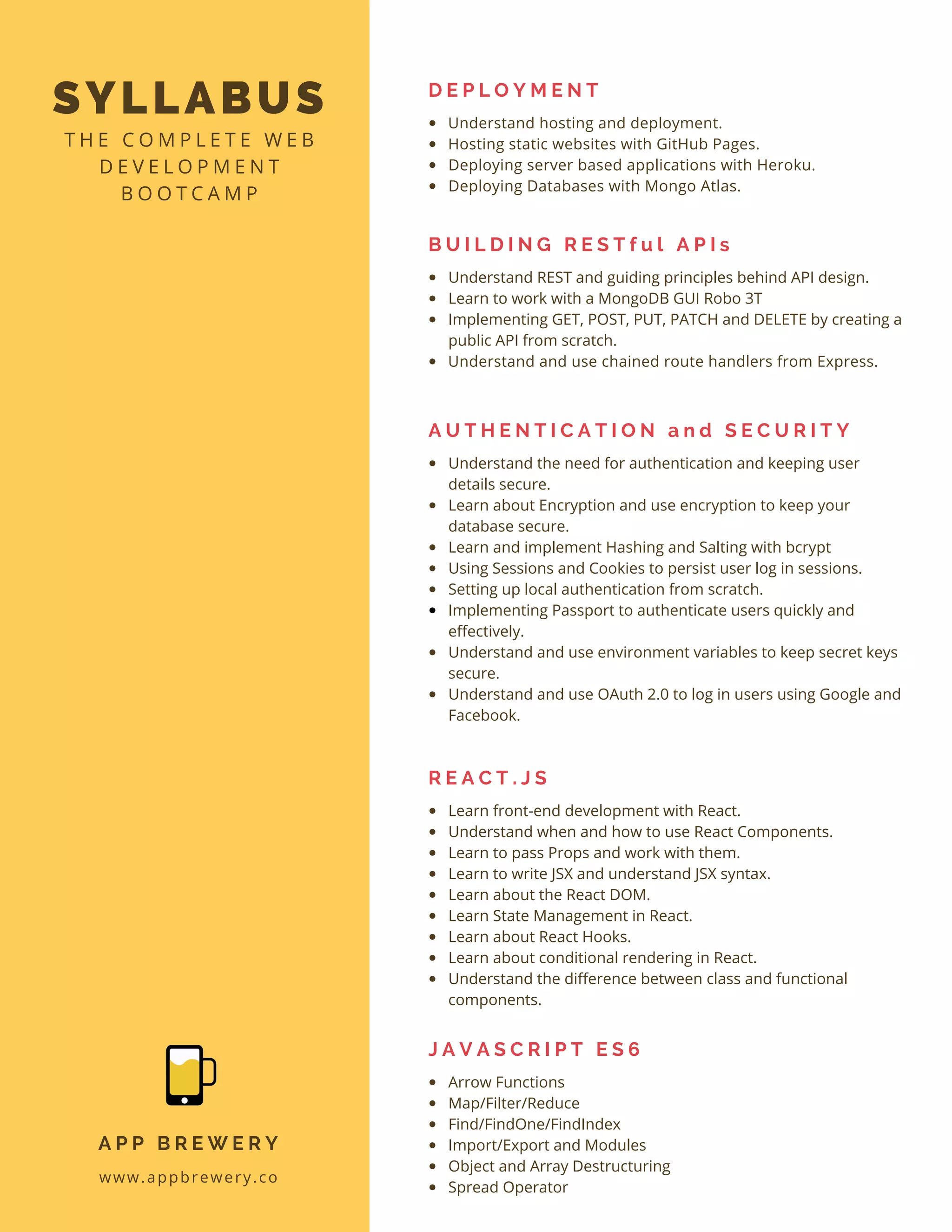 SYLLABUS
T H E C O M P L E T E W E B
D E V E L O P M E N T
B O O T C A M P
www.appbrewery.co
A P P B R E W E R Y
Understand hosting and deployment.
Hosting static websites with GitHub Pages.
Deploying server based applications with Heroku.
Deploying Databases with Mongo Atlas.
D E P L O Y M E N T
Understand REST and guiding principles behind API design.
Learn to work with a MongoDB GUI Robo 3T
Implementing GET, POST, PUT, PATCH and DELETE by creating a
public API from scratch.
Understand and use chained route handlers from Express.
B U I L D I N G R E S T f u l A P I s
Understand the need for authentication and keeping user
details secure.
Learn about Encryption and use encryption to keep your
database secure.
Learn and implement Hashing and Salting with bcrypt
Using Sessions and Cookies to persist user log in sessions.
Setting up local authentication from scratch.
Implementing Passport to authenticate users quickly and
effectively.
Understand and use environment variables to keep secret keys
secure.
Understand and use OAuth 2.0 to log in users using Google and
Facebook.
A U T H E N T I C A T I O N a n d S E C U R I T Y
Learn front-end development with React.
Understand when and how to use React Components.
Learn to pass Props and work with them.
Learn to write JSX and understand JSX syntax.
Learn about the React DOM.
Learn State Management in React.
Learn about React Hooks.
Learn about conditional rendering in React.
Understand the difference between class and functional
components.
R E A C T . J S
Arrow Functions
Map/Filter/Reduce
Find/FindOne/FindIndex
Import/Export and Modules
Object and Array Destructuring
Spread Operator
J A V A S C R I P T E S 6
 