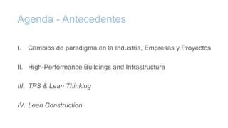 Agenda - Antecedentes
I. Cambios de paradigma en la Industria, Empresas y Proyectos
II. High-Performance Buildings and Infrastructure
III. TPS & Lean Thinking
IV. Lean Construction
 