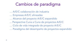 18
Cambios de paradigma
… A/E/C colaboración de industria
… Empresas A/E/C alineadas
… Alcance del proyecto A/E/C expandido
... Perspectiva Cuna a Cuna de proyectos A/E/C
… Ciclo de vida integrado de proyecto A/E/C
… Paradigma del desempeño de proyectos expandido
 
