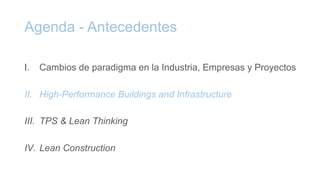 Agenda - Antecedentes
I. Cambios de paradigma en la Industria, Empresas y Proyectos
II. High-Performance Buildings and Infrastructure
III. TPS & Lean Thinking
IV. Lean Construction
 