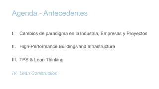 Agenda - Antecedentes
I. Cambios de paradigma en la Industria, Empresas y Proyectos
II. High-Performance Buildings and Infrastructure
III. TPS & Lean Thinking
IV. Lean Construction
 