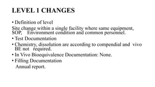 LEVEL 1 CHANGES
• Definition of level
Site change within a single facility where same equipment,
SOP, Environment condition and common personnel.
• Test Documentation
• Chemistry, dissolution are according to compendial and vivo
BE not required.
• In Vivo Bioequivalence Documentation: None.
• Filling Documentation
Annual report.
 