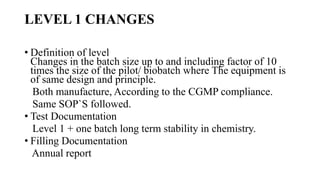 LEVEL 1 CHANGES
• Definition of level
Changes in the batch size up to and including factor of 10
times the size of the pilot/ biobatch where The equipment is
of same design and principle.
Both manufacture, According to the CGMP compliance.
Same SOP`S followed.
• Test Documentation
Level 1 + one batch long term stability in chemistry.
• Filling Documentation
Annual report
 