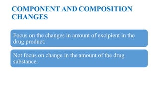 COMPONENT AND COMPOSITION
CHANGES
Focus on the changes in amount of excipient in the
drug product.
Not focus on change in the amount of the drug
substance.
 
