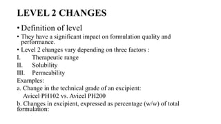 LEVEL 2 CHANGES
• Definition of level
• They have a significant impact on formulation quality and
performance.
• Level 2 changes vary depending on three factors :
I. Therapeutic range
II. Solubility
III. Permeability
Examples:
a. Change in the technical grade of an excipient:
Avicel PH102 vs. Avicel PH200
b. Changes in excipient, expressed as percentage (w/w) of total
formulation:
 
