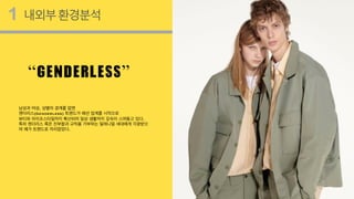 ⓒSaebyeol Yu. Saebyeol’s PowerPoint
내외부환경분석
1
“GENDERLESS”
남성과 여성, 성별의 경계를 없앤
젠더리스(Genderless) 트렌드가 패션 업계를 시작으로
뷰티와 라이프스타일까지 확산되며 일상 생활까지 깊숙이 스며들고 있다.
특히 젠더리스 룩은 진부함과 규칙을 거부하는 밀레니얼 세대에게 각광받으
며 메가 트렌드로 자리잡았다.
 