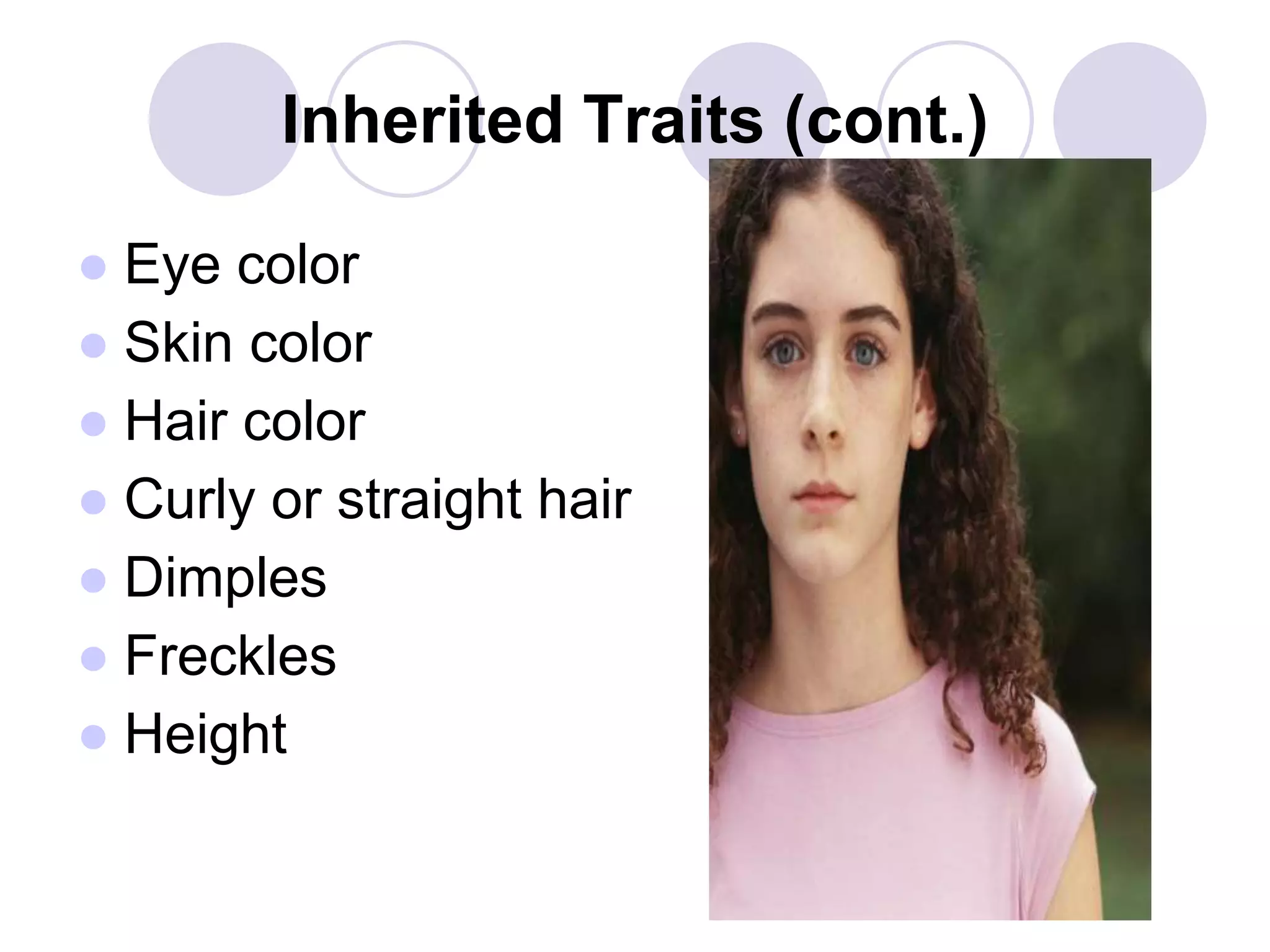 Inherited Traits (cont.)
● Eye color
● Skin color
● Hair color
● Curly or straight hair
● Dimples
● Freckles
● Height
 