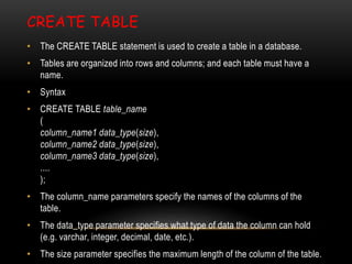 CREATE TABLE
• The CREATE TABLE statement is used to create a table in a database.
• Tables are organized into rows and columns; and each table must have a
name.
• Syntax
• CREATE TABLE table_name
(
column_name1 data_type(size),
column_name2 data_type(size),
column_name3 data_type(size),
....
);
• The column_name parameters specify the names of the columns of the
table.
• The data_type parameter specifies what type of data the column can hold
(e.g. varchar, integer, decimal, date, etc.).
• The size parameter specifies the maximum length of the column of the table.
 