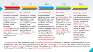 4
Era Komputerisasi
dimulainya penggunaan
minicomputer dan
mainframe. Kemampuan
komputer dalam
pengolahan hitungan
membuat banyak
perusahaan
memanfaatkannya untuk
mengolah data dengan
tujuan untuk
meningkatkan efisiensi
dari segi waktu dan
biaya.
Era Operasional
dimulai ketika teknologi
personal komputer mulai
diperkenalkan sebagai
alternatif pengganti
minicomputer. Kegunaan
komputer telah
berkembang tidak hanya
untuk efisiensi, tetapi
juga mendukung
terjadinya proses kerja
yang lebih efektif
Era Sistem Informasi
dimulai ketika teori
manajemen modern mulai
diperkenalkan dan yang
paling banyak dipelajari
adalah teori manajemen
perubahan. Semua
kerangka teori manajemen
perubahan ditekankan pada
pentingnya teknologi
informasi sebagai salah
satu komponen utama
yang harus diperhatikan
oleh perusahaan yang ingin
menang dalam persaingan
Era Jaringan
dimulai pada
pertengahan tahun 1980.
Penggunaan komputer
yang integrated telah
diperkenalkan pada era
ini. Jaringan ini disebut
dengan LAN atau
Metropolitan Area
Network (MAN) di
dalam suatu perusahaan
atau gedung
1950 1970 1980 1980 1990
Era Jaringan Global
Pada era ini organisasi
telah dihubungkan dengan
jaringan sistem teknologi
informasi secara global
dengan teknologi
telekomunikasi melalui
internet. Transaksi dapat
dilakuk an dengan
internet melalui transaksi
elektronik, bahkan
pembayaran pun
dilakukan dengan
elektronik (electronic
payment).
Teknologi informasi dapat dipergunakan untuk menggantikan peran manusia. Dalam hal ini, teknologi informasi melakukan otomasi
terhadap suatu tugas atau proses. Teknologi informasi juga dapat memperkuat peran manusia, yakni dengan menyajikan informasi
terhadap suatu tugas atau proses. Selain itu, teknologi informasi pun berperan dalam restrukturisasi terhadap peran manusia. Dalam hal
ini teknologi informasi lebih bersifat sebagai katalisator perubahan tersebut.
 