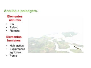 Analisa a paisagem.
Elementos
naturais
• Rio
• Relevo
• Floresta
Elementos
humanos
• Habitações
• Explorações
agrícolas
• Ponte
 