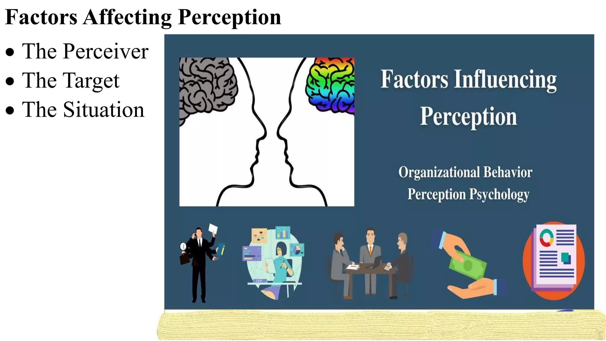 Factors Affecting Perception
 The Perceiver
 The Target
 The Situation
 