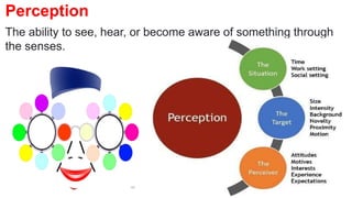 Perception
The ability to see, hear, or become aware of something through
the senses.
 