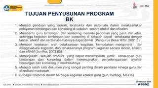 TUJUAN PENYUSUNAN PROGRAM
BK
1. Menjadi panduan yang terarah, terstruktur dan sistematis dalam melaksanakan
pelayanan bimbingan dan konseling di sekolah secara efektif dan efiseien
2. Membantu guru bimbingan dan konseling memiliki pedoman yang pasti dan jelas,
sehingga kegiatan bimbingan dan konseling di sekolah dapat terlaksana dengan
lancar, efektif dan serta hasil-hasilnya dapat dinilai (Pengurus Besar IPBI, 2001:3)
3. Memberi kejelasan arah pelaksanaan kegiatan, kemudahan mengontrol dan
mengevaluasi kegiatan, dan terlaksananya program kegiatan secara lancar, efisien,
dan efektif (Juntika, 2002:85)
4. Menunjukan sebuah product yang dapat menampilkan ‘profil’ kecakapan guru
bimbingan dan konseling dalam merencanakan penyelenggaraan layanan
bimbingan dan konseling di madrasahnya
5. Menjadi salah satu dokumen yang sangat penting dalam penilaian kinerja guru dan
akreditasi madrasah
6. Sebagai referensi dalam berbagai kegiatan kolektif guru (guru berbagi, MGBK)
 