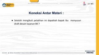 Koneksi Antar Materi :
● Setelah mengikuti pelatihan ini dapatkah bapak ibu menyusun
draft desain layanan BK ?
 