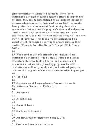 either formative or summative purposes. When these
instruments are used to guide a center’s efforts to improve its
program, they can be administered by a classroom teacher or
program administrator. In fact, teachers are likely to benefit
from professional development familiarizing them with
assessments that measure the program’s structural and process
quality. When they use these tools to evaluate their own
classrooms, they can identify what they are doing well and how
they might improve. This formative assessment can be a
valuable tool for programs striving to always improve their
quality (Cecconi, Stegelin, Pintus & Allegri, 2014; Evans,
2012).
14.
15. When used as part of summative evaluations, these
instruments are administered by highly trained and skilled
evaluators. Refer to Table 2.1 for a short description of
assessments that are widely used by programs for self-
evaluation as well as by local, state, and national groups to
evaluate the programs of early care and education they support.
16.
17. Table 2.1
18.
19. Assessments of Program Inputs Frequently Used for
Formative and Summative Evaluation
20.
21. Assessment
22.
23. Ages/Settings
24.
25. Areas of Focus
26.
27. For More Information
28.
29. Arnett Caregiver Interaction Scale (CCIS)
30.
31. Center and home-based settings
 