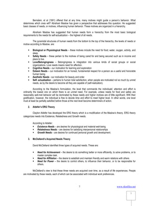 www.rkmfiles.net
7
7
Bernstein, et al (1991) offered that at any time, many motives might guide a person’s behavior. What
determines which ones will? Abraham Maslow has given a perspective that addresses this question. He suggested
basic classes of needs, or motives, influencing human behavior. These motives are organized in a hierarchy.
Abraham Maslow has suggested that human needs form a hierarchy from the most basic biological
requirements to the needs for self-actualization – the highest of all needs.
The pyramidal structures of human needs from the bottom to the top of the hierarchy, the levels of needs or
motive according to Maslow, are:
 Biological or Physiological Needs – these motives include the need for food, water, oxygen, activity, and
sleep.
 Safety Needs – these pertain to the motives of being cared for and being secured such as in income and
place to live.
 Love/Belongingness – Belongingness is integration into various kinds of social groups or social
organizations. Love needs means need for affection.
 Cognitive Needs – our motivation for learning and exploration
 Esteem Needs – our motivation for an honest, fundamental respect for a person as a useful and honorable
human being.
 Aesthetic Needs - our motivation for beauty and order
 Self- actualization – pertains to human total satisfaction, when people are motivated not so much by unmet
needs, as by the desire to become all they are capable of (self-realization).
According to the Maslow’s formulation, the level that commands the individuals’ attention and effort is
ordinarily the lowest one on which there is an unmet need. For example, unless needs for food and safety are
reasonably well-met behavior will be dominated by these needs and higher motives are of little significant. With their
gratification, however, the individual is free to devote time and effort to meet higher level. In other words, one level
must at least be partially satisfied before those at the next level become determiners of action.
2. Aldefer’s ERG Theory
Clayton Aldefer has developed the ERG theory which is a modification of the Maslow’s theory. ERG theory
categorizes needs into Existence, Relatedness and Growth needs.
According to Aldefer:
 Existence Needs – are desires for physiological and material well-being
 Relatedness Needs – are desires for satisfying interpersonal relationships
 Growth Needs – are desires for continued personal growth and development.
3. McClelland’s Acquired Needs Theory
David McClelland identified three types of acquired needs. These are:
 Need for Achievement – the desire to do something better or more efficiently, to solve problems, or to
master complex task.
 Need for Affiliation – the desire to establish and maintain friendly and warm relations with others
 Need for Power – the desire to control others, to influence their behavior, or to be responsible for
others.
McClelland’s view is that these three needs are acquired over time, as a result of life experiences. People
are motivated by these needs, each of which can be associated with individual work preferences.
 