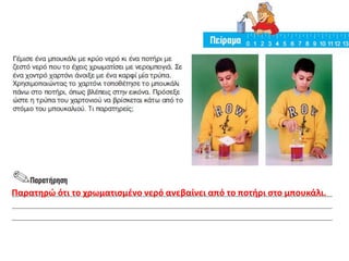 Παρατηρώ ότι το χρωματισμένο νερό ανεβαίνει από το ποτήρι στο μπουκάλι.
 