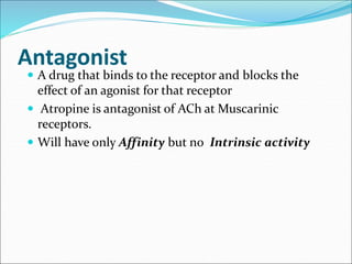 Antagonist
 A drug that binds to the receptor and blocks the
effect of an agonist for that receptor
 Atropine is antagonist of ACh at Muscarinic
receptors.
 Will have only Affinity but no Intrinsic activity
 