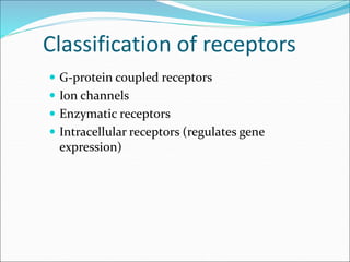 Classification of receptors
 G-protein coupled receptors
 Ion channels
 Enzymatic receptors
 Intracellular receptors (regulates gene
expression)
 