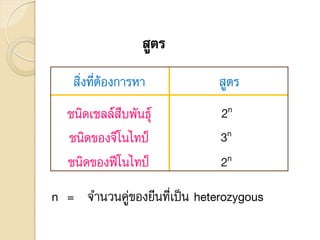 สูตร
สิ่งที่ต้องการหา สูตร
ชนิดเซลล์สืบพันธุ์
ชนิดของจีโนไทป์
ชนิดของฟีโนไทป์
2n
3n
2n
n = จานวนคู่ของยีนที่เป็น heterozygous
 