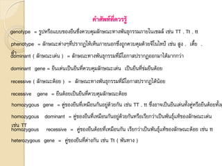 คาศัพท์ที่ควรรู้
genotype = รูปหรือแบบของยีนซึ่งควบคุมลักษณะทางพันธุกรรมภายในเซลล์ เช่น TT , Tt , tt
phenotype = ลักษณะต่างๆที่ปรากฏให้เห็นภายนอกซึ่งถูกควบคุมด้วยจีโนไทป์ เช่น สูง , เตี้ย ,
ดา
dominant ( ลักษณะเด่น ) = ลักษณะทางพันธุกรรมที่มีโอกาสปรากฏออกมาได้มากกว่า
dominant gene = ยีนเด่นเป็นยีนที่ควบคุมลักษณะเด่น เป็นยีนที่ข่มยีนด้อย
recessive ( ลักษณะด้อย ) = ลักษณะทางพันธุกรรมที่มีโอกาสปรากฏได้น้อย
recessive gene = ยีนด้อยเป็นยีนที่ควบคุมลักษณะด้อย
homozygous gene = คู่ของยีนที่เหมือนกันอยู่ด้วยกัน เช่น TT , tt ซึ่งอาจเป็นยีนเด่นทั้งคู่หรือยีนด้อยทั้งค
homozygous dominant = คู่ของยีนที่เหมือนกันอยู่ด้วยกันหรือเรียกว่าเป็นพันธุ์แท้ของลักษณะเด่น
เช่น TT
homozygous recessive = คู่ของยีนด้อยที่เหมือนกัน เรียกว่าเป็นพันธุ์แท้ของลักษณะด้อย เช่น tt
heterozygous gene = คู่ของยีนที่ต่างกัน เช่น Tt ( พันทาง )
 