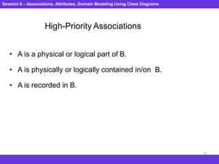 Session 6 – Associations, Attributes, Domain Modeling Using Class Diagrams
11
High-Priority Associations
• A is a physical or logical part of B.
• A is physically or logically contained in/on B.
• A is recorded in B.
 