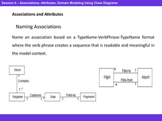 Session 6 – Associations, Attributes, Domain Modeling Using Class Diagrams
Associations and Attributes
Naming Associations
Name an association based on a TypeName-VerbPhrase-TypeName format
where the verb phrase creates a sequence that is readable and meaningful in
the model context.
 