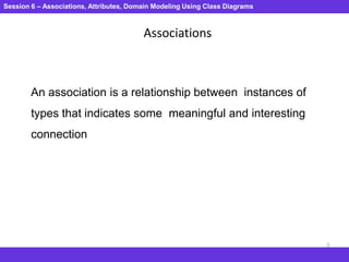 Session 6 – Associations, Attributes, Domain Modeling Using Class Diagrams
3
Associations
An association is a relationship between instances of
types that indicates some meaningful and interesting
connection
 