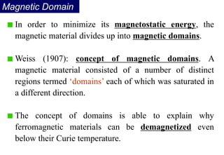 Magnetic Domain
In order to minimize its magnetostatic energy, the
magnetic material divides up into magnetic domains.
Weiss (1907): concept of magnetic domains. A
magnetic material consisted of a number of distinct
regions termed ‘domains’ each of which was saturated in
a different direction.
The concept of domains is able to explain why
ferromagnetic materials can be demagnetized even
below their Curie temperature.
 