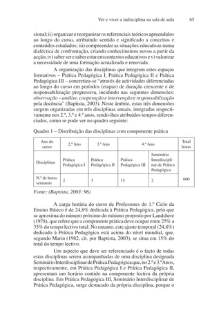 Ver e viver a indisciplina na sala de aula 65
sional; ii) organizar e reorganizar os referenciais teóricos apreendidos
ao longo do curso, atribuindo sentido e significado a conceitos e
conteúdos estudados; iii) compreender as situações educativas numa
dialéctica de confrontação, criando conhecimentos novos a partir da
acção;iv)saberseresaberestaremcontextoseducativosev)valorizar
a necessidade de uma formação actualizada e renovada.
A organização das disciplinas que integram estes espaços
formativos – Prática Pedagógica I, Prática Pedagógica II e Prática
Pedagógica III – concretiza-se “através de actividades diferenciadas
ao longo do curso em períodos (etapas) de duração crescente e de
responsabilização progressiva, incidindo nas seguintes dimensões:
observação – análise, cooperação e intervenção e responsabilização
pela docência” (Baptista, 2003). Neste âmbito, estas três dimensões
surgem organizadas em três disciplinas anuais, integradas respecti-
vamente nos 2.º, 3.º e 4.º anos, sendo-lhes atribuídos tempos diferen-
ciados, como se pode ver no quadro seguinte:
Quadro 1 – Distribuição das disciplinas com componente prática
Ano do
curso
2.º Ano 3.º Ano 4.º Ano
Total
horas
Disciplinas
Prática
Pedagógica I
Prática
Pedagógica II
Prática
Pedagógica III
Seminário
Interdiscipli-
nar de Prática
Pedagógica
660
N.º de horas
semanais
2 3 15 2
Fonte: (Baptista, 2003: 96)
A carga horária do curso de Professores do 1.º Ciclo da
Ensino Básico é de 24,8% dedicada à Prática Pedagógica, pelo que
se aproxima do número próximo do mínimo proposto por Landshere
(1978), que refere que a componente prática deve ocupar entre 25% a
35% do tempo lectivo total. No entanto, este ajuste temporal (24,8%)
dedicado à Prática Pedagógica está acima do nível mundial, que,
segundo Marin (1982, cit. por Baptista, 2003), se situa em 15% do
total do tempo lectivo.
Um aspecto que deve ser referenciado é o facto de todas
estas disciplinas serem acompanhadas de uma disciplina designada
SeminárioInterdisciplinardePráticaPedagógicaque,no2.ºe3.ºAnos,
respectivamente, em Prática Pedagógica I e Prática Pedagógica II,
apresentam um horário contido na componente lectiva da própria
disciplina. Em Prática Pedagógica III, Seminário Interdisciplinar de
Prática Pedagógica, surge destacado da própria disciplina, porque o
 