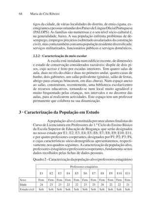 Maria do Céu Ribeiro
68
tigos da cidade, de várias localidades do distrito, de etnia cigana, ex-
emigrantesepessoasoriundasdosPaísesdeLínguaOficialPortuguesa
(PALOPS). As famílias são numerosas e o seu nível sócio-cultural é,
na generalidade, baixo. A sua população enfrenta problemas de de-
semprego, empregos precários (sobretudo assalariados da construção
civil), mas conta também com uma população residente diversificada:
serviços militarizados, funcionários públicos e serviços domésticos.
2.2.2 · Caracterização do meio escolar
A escola está instalada num edifício recente, de dimensões
e estado de conservação considerados razoáveis; dispõe de dois pi-
sos, cujo acesso é feito por escadas interiores. Tem quatro salas de
aula, duas no rés-do-chão e duas no primeiro andar, quatro casas de
banho, dois gabinetes, um salão polivalente (ginásio, salão de festas,
abrigo para crianças brincarem, em dias chuva). Num espaço anexo
ao salão, construíram, recentemente, uma biblioteca escolar/centro
de recursos educativos, tornando-se num local muito agradável e
muito frequentado pelas crianças, nos intervalos e no decorrer das
aulas, para aí realizarem actividades. Este espaço tem um professor
permanente que colabora na sua dinamização.
3 · Caracterização da População em Estudo
Apopulação-alvoéconstituídaporonzealunosfinalistasdo
Curso de Licenciatura em Professores do 1.º Ciclo do Ensino Básico
da Escola Superior de Educação de Bragança, que serão designados
no nosso estudo por E1; E2; E3; E4; E5; E6; E7; E8; E9; E10; E11,
e por quatro professores cooperantes, designados por P1; P2; P3; P4,
e cujas características sócio-demográficas apresentaremos, respecti-
vamente, nos quadros seguintes.A caracterização da população-alvo,
professores-estagiárioseprofessorescooperantes,fundamenta-senos
dados recolhidos pelas fichas de dados pessoais.
Quadro2–Caracterizaçãodapopulação-alvo(professores-estagiários)
Professores-estagiários
E1 E2 E3 E4 E5 E6 E7 E8 E9 E10 E11
Sexo Fem. Fem. Fem. Fem. Fem. Fem. Fem. Fem. Fem. Fem. Fem.
Idade 24 23 23 22 22 23 25 28 22 22 21
Estado civil Solt. Solt. Solt. Solt. Solt. Solt. Solt. Solt. Solt. Solt. Solt.
 