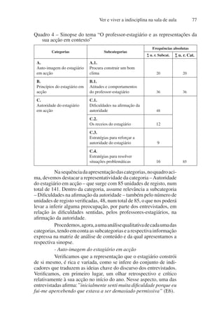 Ver e viver a indisciplina na sala de aula 77
Quadro 4 – Sinopse do tema “O professor-estagiário e as representações da
sua acção em contexto”
Categorias Subcategorias
Frequências absolutas
∑ u. r. Subcat. ∑ u. r. Cat.
A.
Auto-imagem do estagiário
em acção
A.1.
Procura construir um bom
clima 20 20
B.
Princípios do estagiário em
acção
B.1.
Atitudes e comportamentos
do professor-estagiário 36 36
C.
Autoridade do estagiário
em acção
C.1.
Dificuldades na afirmação da
autoridade 48
85
C.2.
Os receios do estagiário 12
C.3.
Estratégias para reforçar a
autoridade do estagiário 9
C.4.
Estratégias para resolver
situações problemáticas 16
Nasequênciadaapresentaçãodascategorias,noquadroaci-
ma, devemos destacar a representatividade da categoria –Autoridade
do estagiário em acção – que surge com 85 unidades de registo, num
total de 141. Dentro da categoria, assume relevância a subcategoria
– Dificuldades na afirmação da autoridade – também pelo número de
unidades de registo verificadas, 48, num total de 85, o que nos poderá
levar a inferir alguma preocupação, por parte dos entrevistados, em
relação às dificuldades sentidas, pelos professores-estagiários, na
afirmação da autoridade.
Procedemos,agora,aumaanálisequalitativadecadaumadas
categorias, tendo em conta as subcategorias e a respectiva informação
expressa na matriz de análise de conteúdo e da qual apresentamos a
respectiva sinopse.
- Auto-imagem do estagiário em acção
Verificamos que a representação que o estagiário constrói
de si mesmo, é rica e variada, como se infere do conjunto de indi-
cadores que traduzem as ideias chave do discurso dos entrevistados.
Verificamos, em primeiro lugar, um olhar retrospectivo e crítico
relativamente à sua acção no início do ano. Nesse aspecto, uma das
entrevistadas afirma: ”inicialmente senti muita dificuldade porque eu
fui-me apercebendo que estava a ser demasiado permissiva” (E6).
 