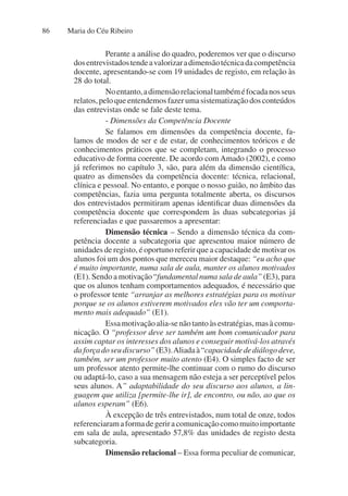Maria do Céu Ribeiro
86
Perante a análise do quadro, poderemos ver que o discurso
dosentrevistadostendeavalorizaradimensãotécnicadacompetência
docente, apresentando-se com 19 unidades de registo, em relação às
28 do total.
Noentanto,adimensãorelacionaltambéméfocadanosseus
relatos, pelo que entendemos fazer uma sistematização dos conteúdos
das entrevistas onde se fale deste tema.
- Dimensões da Competência Docente
Se falamos em dimensões da competência docente, fa-
lamos de modos de ser e de estar, de conhecimentos teóricos e de
conhecimentos práticos que se completam, integrando o processo
educativo de forma coerente. De acordo com Amado (2002), e como
já referimos no capítulo 3, são, para além da dimensão científica,
quatro as dimensões da competência docente: técnica, relacional,
clínica e pessoal. No entanto, e porque o nosso guião, no âmbito das
competências, fazia uma pergunta totalmente aberta, os discursos
dos entrevistados permitiram apenas identificar duas dimensões da
competência docente que correspondem às duas subcategorias já
referenciadas e que passaremos a apresentar:
Dimensão técnica – Sendo a dimensão técnica da com-
petência docente a subcategoria que apresentou maior número de
unidades de registo, é oportuno referir que a capacidade de motivar os
alunos foi um dos pontos que mereceu maior destaque: “eu acho que
é muito importante, numa sala de aula, manter os alunos motivados
(E1). Sendo a motivação “fundamental numa sala de aula” (E3), para
que os alunos tenham comportamentos adequados, é necessário que
o professor tente “arranjar as melhores estratégias para os motivar
porque se os alunos estiverem motivados eles vão ter um comporta-
mento mais adequado” (E1).
Essamotivaçãoalia-senãotantoàsestratégias,masàcomu-
nicação. O “professor deve ser também um bom comunicador para
assim captar os interesses dos alunos e conseguir motivá-los através
daforçadoseudiscurso”(E3).Aliadaà“capacidadedediálogodeve,
também, ser um professor muito atento (E4). O simples facto de ser
um professor atento permite-lhe continuar com o rumo do discurso
ou adaptá-lo, caso a sua mensagem não esteja a ser perceptível pelos
seus alunos. A” adaptabilidade do seu discurso aos alunos, a lin-
guagem que utiliza [permite-lhe ir], de encontro, ou não, ao que os
alunos esperam” (E6).
À excepção de três entrevistados, num total de onze, todos
referenciaramaformadegeriracomunicaçãocomomuitoimportante
em sala de aula, apresentado 57,8% das unidades de registo desta
subcategoria.
Dimensão relacional – Essa forma peculiar de comunicar,
 