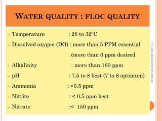 WATER QUALITY : FLOC QUALITY
WATER QUALITY : FLOC QUALITY
 Temperature : 28 to 320C
 Dissolved oxygen (DO) : more than 5 PPM essential
(more than 6 ppm desired
 Alkalinity : more than 160 ppm
 pH : 7.5 to 8 best (7 to 8 optimum)
 Ammonia : <0.5 ppm
 Nitrite : < 0.5 ppm best
 Nitrate :< 150 ppm
Dr.
MD
AKLAKUR
9004862708
 
