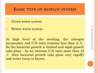 BASIC TYPE OF BIOFLOC SYSTEM
BASIC TYPE OF BIOFLOC SYSTEM
1. Green water system
2. Brown water system
At high level of the stocking, the nitrogen
accumulate and C:N ratio remains less than 4: 5 .
So the bacterial growth is limited and algal growth
take place . As we increase C:N ratio more than 12
:1 then bacterial growth take place very rapidly
and water turns to brown.
Dr.
MD
AKLAKUR
9004862708
 