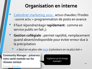Organisation en interne
• Calendrier marketing 2022 : actus chaudes / froides
: suivre actu + programmation de posts en av...