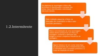 1.2.Intermitente
Os objetivos da recontagem cíclica não
se limitam à identificação e correção dos
erros, mas à identificação e eliminação
das suas causas.
Este método assume o foco na
precisão do inventário e visa o seu
controlo periódico.
Para a concretização de uma recontagem
cíclica deverá produzir-se um Plano de
contagem, contendo a definição dos
artigos a contar e respetiva frequência de
contagem.
Alguns fatores a ter em conta nesta fase
de planeamento são o investimento anual,
a criticidade para o processo produtivo e o
custo de inspeção do stock.
 