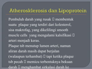 Pembuluh darah yang rusak 🡪 membentuk
suatu plaque yang terdiri dari kolesterol,
sisa makrofag, yang dikelilingi smooth
muscle cells yang mengalami kalsifikasi 🡪
arteri menjadi keras.
Plaque tsb menutup lumen arteri, namun
aliran darah masih dapat berjalan
(walaupun terhambat) 🡪 tapi ketika plaque
tsb pecah 🡪 memicu terbentuknya bekuan
darah 🡪 menghambat sirkulasi darah ke
·
·
 