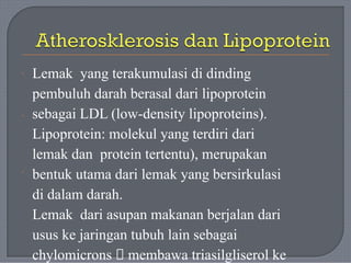 Lemak yang terakumulasi di dinding
pembuluh darah berasal dari lipoprotein
sebagai LDL (low-density lipoproteins).
Lipoprotein: molekul yang terdiri dari
lemak dan protein tertentu), merupakan
bentuk utama dari lemak yang bersirkulasi
di dalam darah.
Lemak dari asupan makanan berjalan dari
usus ke jaringan tubuh lain sebagai
chylomicrons 🡪 membawa triasilgliserol ke
·
·
·
 