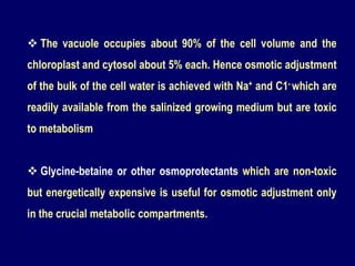  The vacuole occupies about 90% of the cell volume and the
chloroplast and cytosol about 5% each. Hence osmotic adjustment
of the bulk of the cell water is achieved with Na+ and C1- which are
readily available from the salinized growing medium but are toxic
to metabolism
 Glycine-betaine or other osmoprotectants which are non-toxic
but energetically expensive is useful for osmotic adjustment only
in the crucial metabolic compartments.
 
