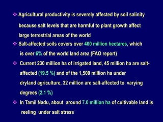  Agricultural productivity is severely affected by soil salinity
because salt levels that are harmful to plant growth affect
large terrestrial areas of the world
 Salt-affected soils covers over 400 million hectares, which
is over 6% of the world land area (FAO report)
 Current 230 million ha of irrigated land, 45 million ha are salt-
affected (19.5 %) and of the 1,500 million ha under
dryland agriculture, 32 million are salt-affected to varying
degrees (2.1 %)
 In Tamil Nadu, about around 7.0 million ha of cultivable land is
reeling under salt stress
 