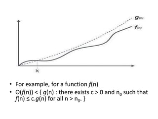 • For example, for a function f(n)
• Ο(f(n)) < { g(n) : there exists c > 0 and n0 such that
f(n) ≤ c.g(n) for all n > n0. }
 