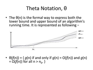 Theta Notation, θ
• The θ(n) is the formal way to express both the
lower bound and upper bound of an algorithm's
running time. It is represented as following −
• θ(f(n)) = { g(n) if and only if g(n) = Ο(f(n)) and g(n)
= Ω(f(n)) for all n > n0. }
 