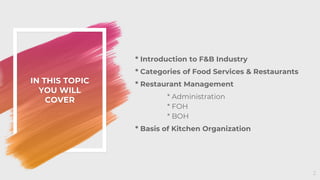 IN THIS TOPIC
YOU WILL
COVER
* Introduction to F&B Industry
* Categories of Food Services & Restaurants
* Restaurant Management
* Administration
* FOH
* BOH
* Basis of Kitchen Organization
2
 
