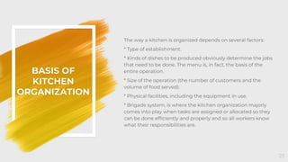 BASIS OF
KITCHEN
ORGANIZATION
The way a kitchen is organized depends on several factors:
* Type of establishment.
* Kinds of dishes to be produced obviously determine the jobs
that need to be done. The menu is, in fact, the basis of the
entire operation.
* Size of the operation (the number of customers and the
volume of food served).
* Physical facilities, including the equipment in use.
* Brigade system, is where the kitchen organization majorly
comes into play when tasks are assigned or allocated so they
can be done efficiently and properly and so all workers know
what their responsibilities are.
23
 